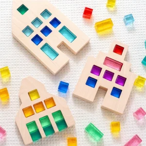 Lucite Block Cube with Wooden Houses Set- Open Ended Toys