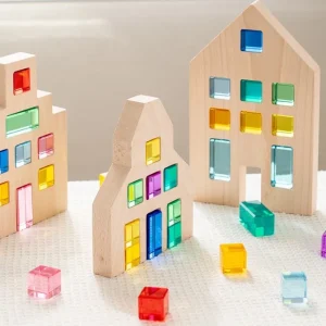 Lucite Block Cube with Wooden Houses Set- Open Ended Toys