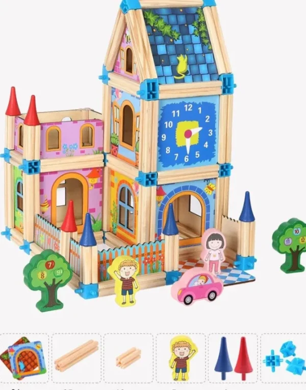 128 Pieces Wooden House Building Game - Open Ended Wooden Toys