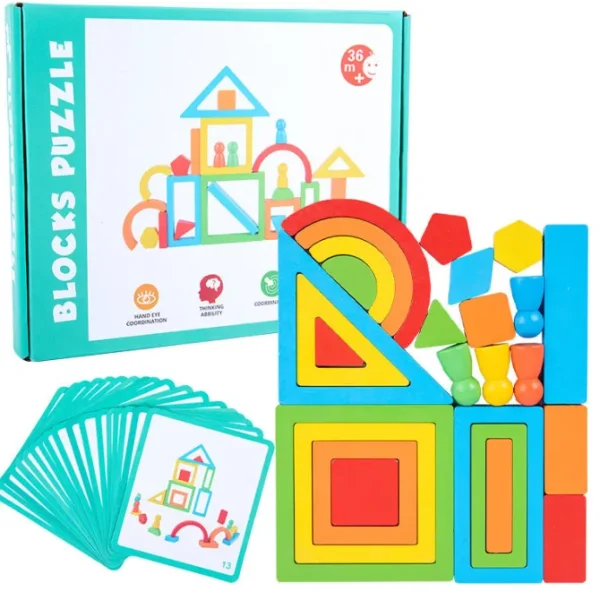 Wooden Rainbow Block Puzzle with Cards - Mathematics through imaginative play