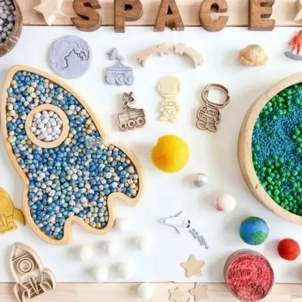 Wooden Spaceship Sensory Play Tray - Open ended wooden toys